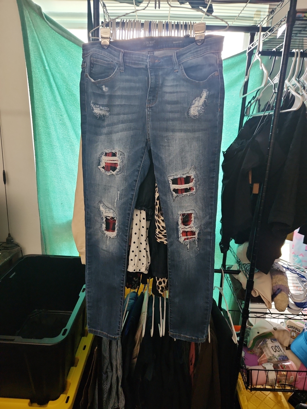 Judy Blue Medium Blue Distressed Skinny Jeans with Red Plaid Patch